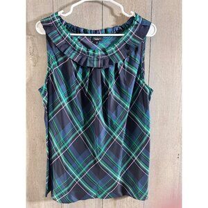 Talbots Blue Green 100% Silk Top 14 L Plaid Sleeveless Ruffle